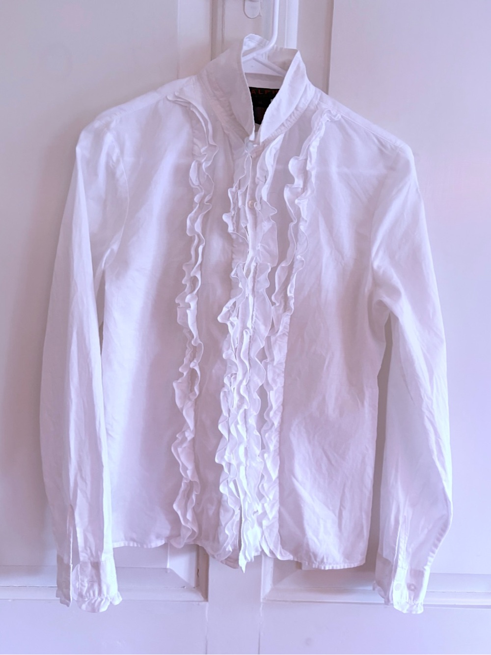 Vintage 90s Ralph Ralph Lauren Black Label Ruffle Front Blouse White M